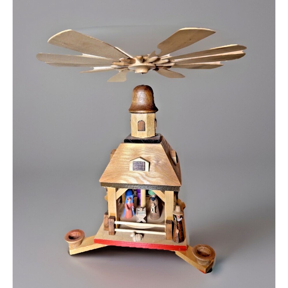 Vintage German Christmas Erzgebirge Nativity Wooden Pyramid Tower Windmill 10"